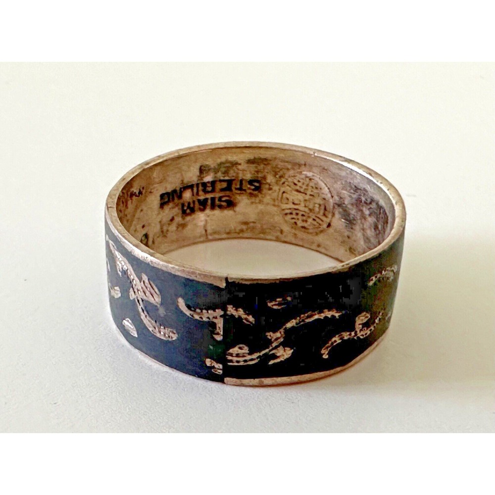 Vintage Siam Sterling Ring Black Niello Enamel Band  Sz 5 Signed Stunning
